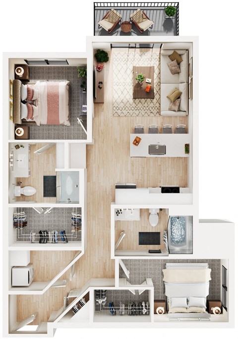 Floor plan for 2 beds, 2 baths, 934 sqft